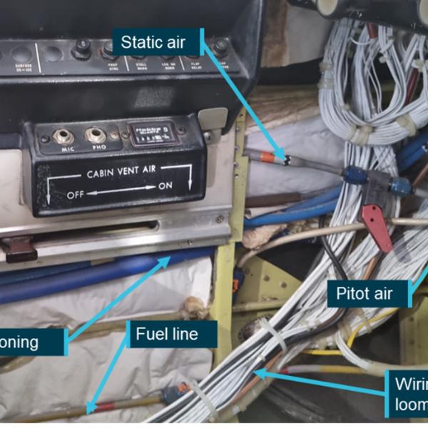 Figure 7: Circuit breaker and instrument panel of an exemplar B58 showing the position of wiring looms.