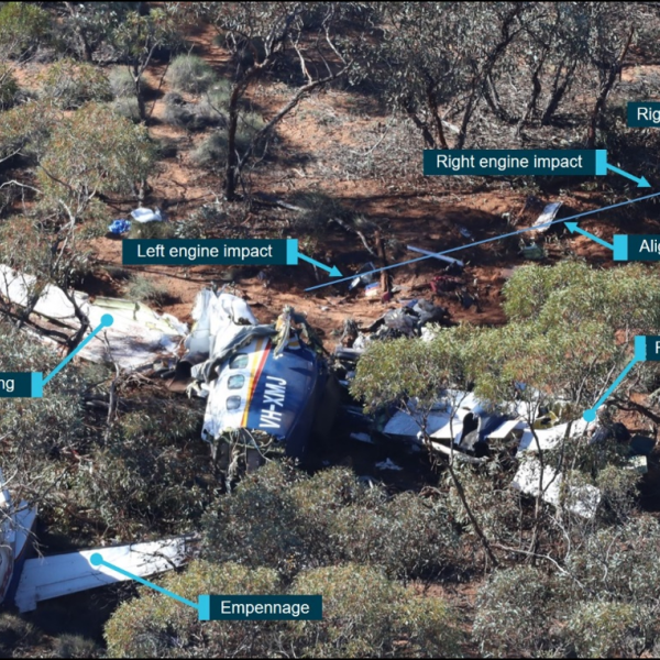 Accident site with wreckage distribution.