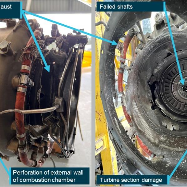 Damage to the engine combustion chamber, turbine section, and exhaust assembly