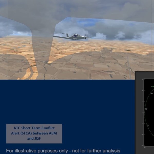 Simulated cockpit view of mid-air collision