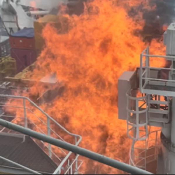 Flames from the port engine room exhaust ventilation casing