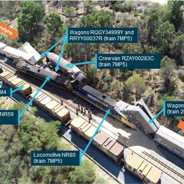 Accident site, lead locomotive of 7MP5 and last wagon of 2K66 post collision