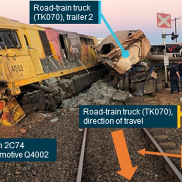 A level crossing collision between a freight train and road-train truck at Parkeston, WA, on 22 February 2021