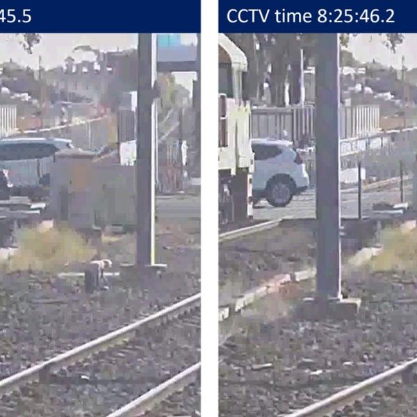 CCTV images showing road vehicles on Cherry Street as train approaches