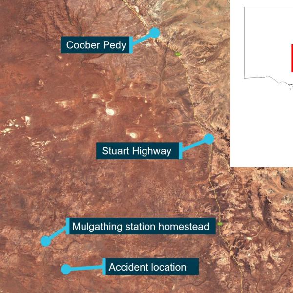 Accident location with reference to Coober Pedy and the Stuart Highway.