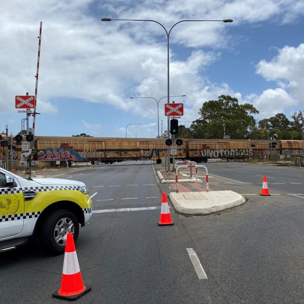 Train 1MP9 blocking the Torrens Road level crossing after the incident.