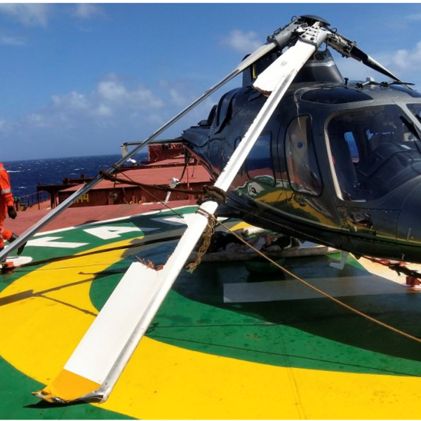 A photo of the helicopter wreckage on the deck of the bulk carrier, Star Coral