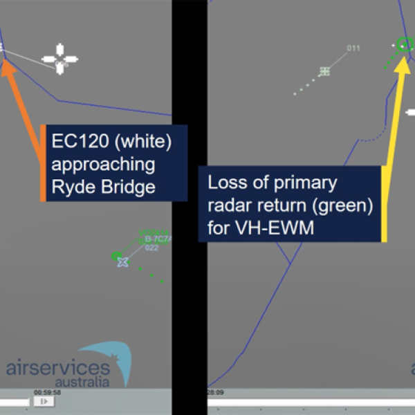Primary radar return on the left and loss of primary return on the right for VH-EWM.