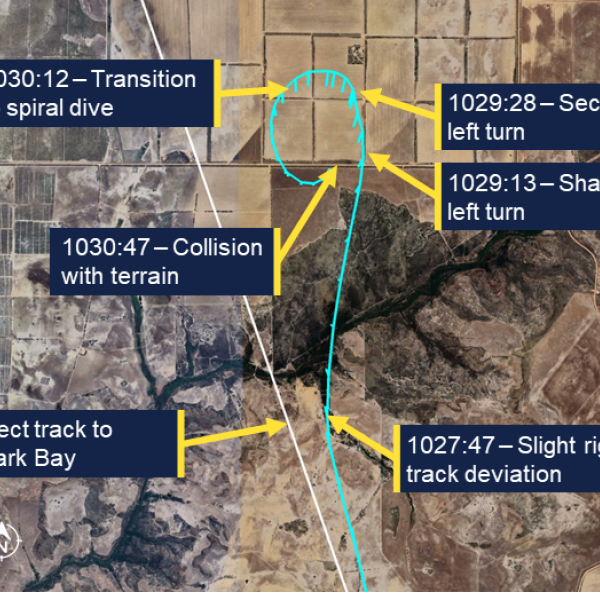 Google Earth view of the last 3 minutes of the flight, including the left turn and transition to left spiral dive.