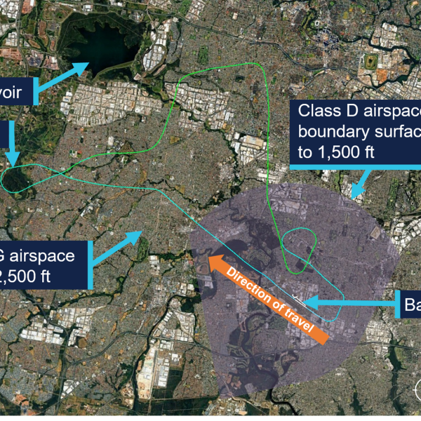 The image shows the aircraft's flight path and highlights areas of interest which are used in the report. These areas include, the change in airspace type, Bankstown Airport, and Prospect reservoir.