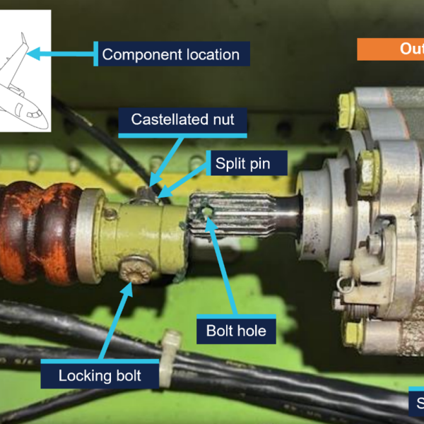 A picture taken after the occurrence flight showing the left wing outboard actuator for slat number 4 and the disconnected torque tube.