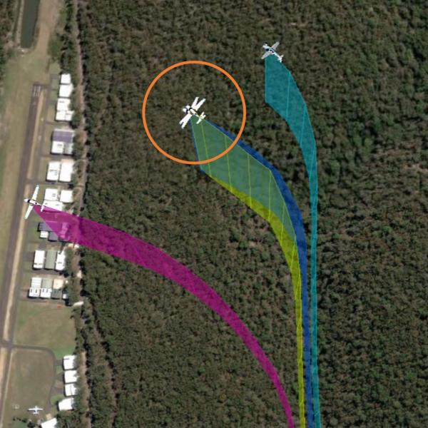 Flight track of the formation showing the collision point between #3 (blue) and #2 (yellow).
