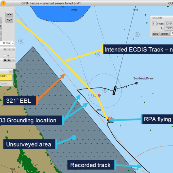 Screenshot from Nuyina ECDIS showing the ship after the grounding, with the track-line indicated in black. Land is indicated in brown to the left of the screenshot and an unsurveyed area is indicated in grey just to the SW of the ship.