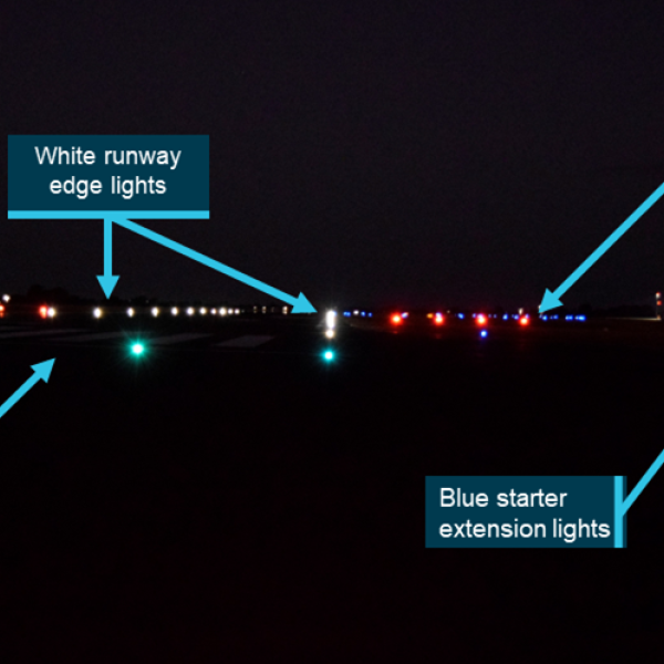 View of the runway 09 lighting that was available to the flight crew when lined up with the right edge of the runway. Source: Mildura Airport, annotated by the ATSB