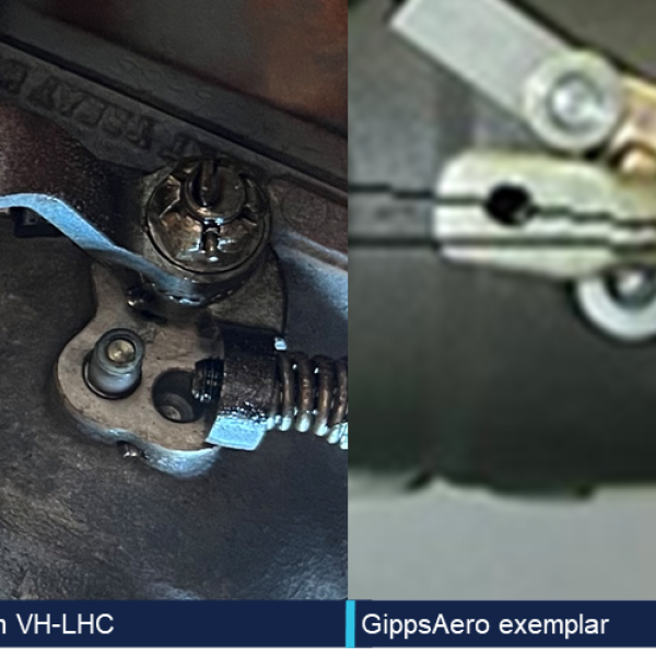 The incident aircraft’s throttle body lever arm compared to the manufacturer’s exemplar.