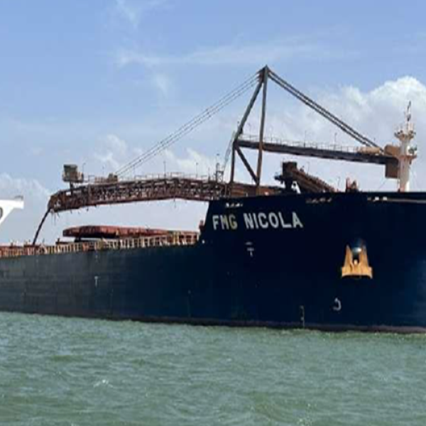 Photograph of FMG Nicola during loading (Credit: Pilbara Ports Authority)