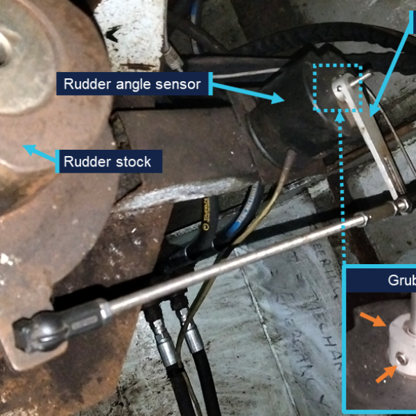View of Matthew Flinders III's port rudder stock, showing a threaded linkage connecting to an arm mounted on the rudder angle sensor. The connecting arm is fastened on the sensor shaft using 3 grub screws, one of which is shown in the detail insert.