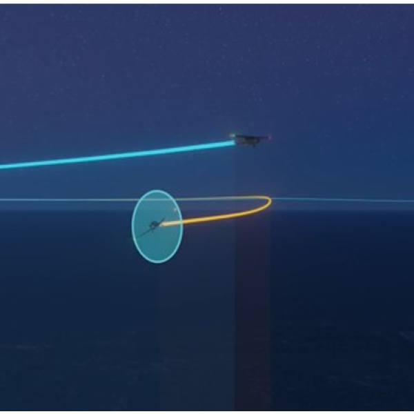 The image is taken from screenshot of an ATSB animation take at the time the flightpaths intersected and shows the SR22 passing below the 172 and 46 meters behind. At that time, the SR22 was turning right while descending and the 172 was maintaining a relatively consistent heading.