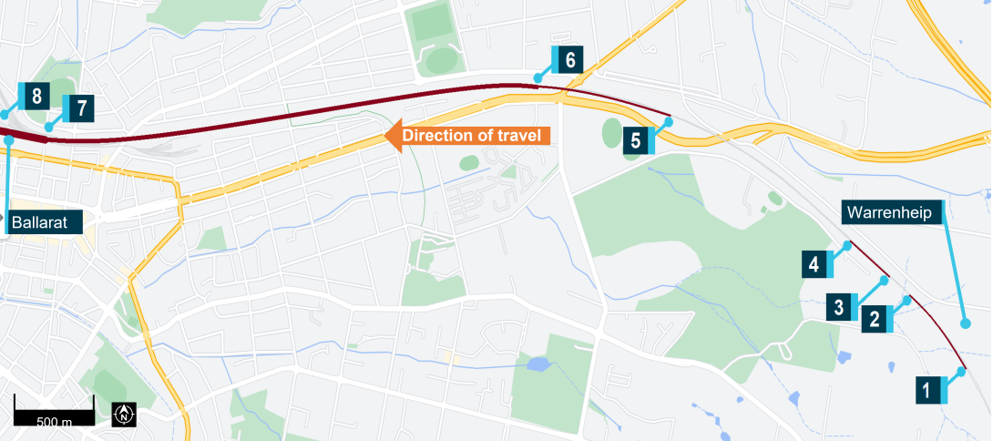 Figure 10: Locations of brake applications of train 8185 on Ballarat approach