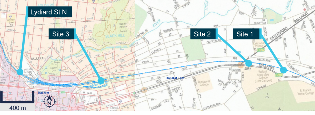 Figure 14: IRT measurement sites east of Ballarat Railway Station