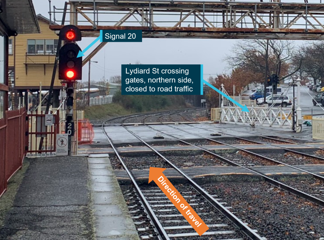 Figure 30: Departure signal 20 and the Lydiard Street North level crossing
