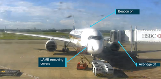 Figure 3: LAME removing pitot covers 1 minute prior to departure time