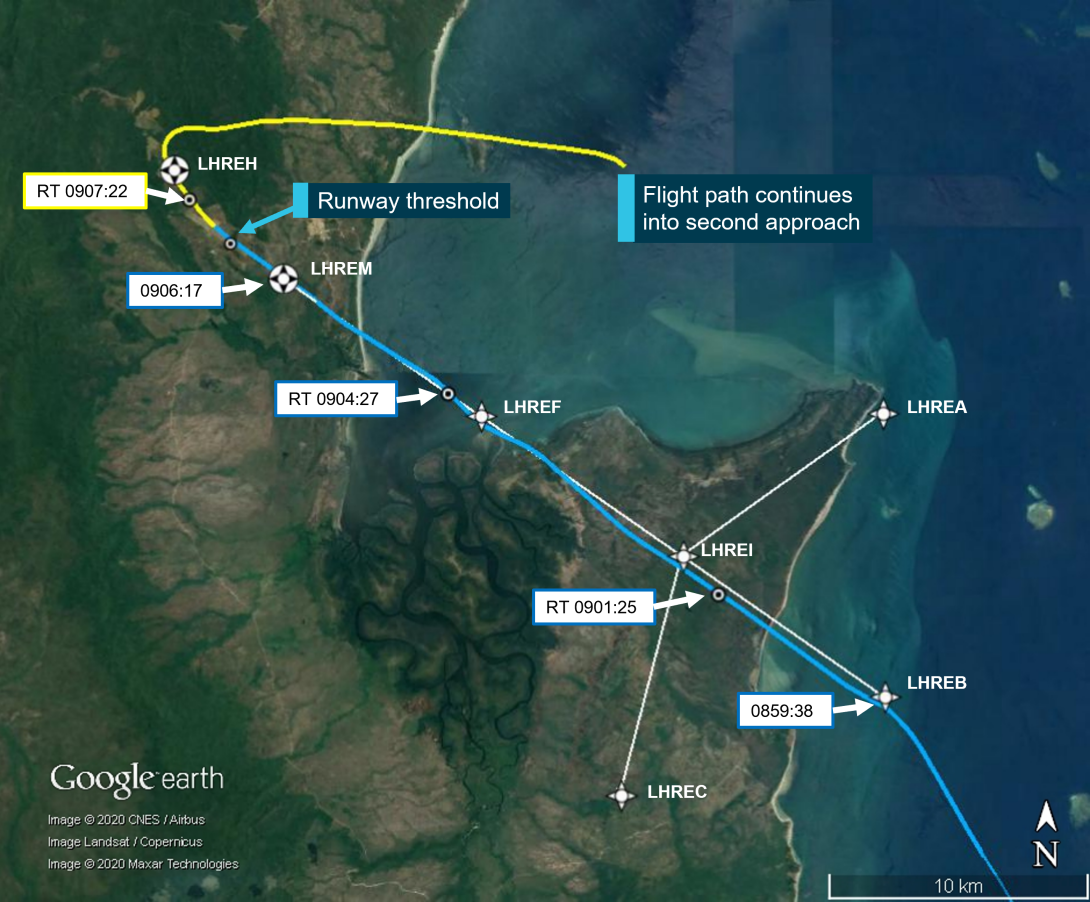 Flight track of VH-OZO during first RNAV GNSS approach at Lockhart River Airport with times, feature labels, and approach parameters superimposed