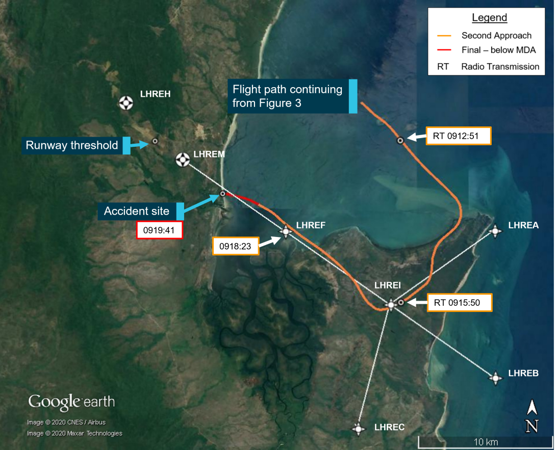 Flight track of VH-OZO during second RNAV GNSS approach at Lockhart River Airport with times, feature labels, and approach parameters superimposed