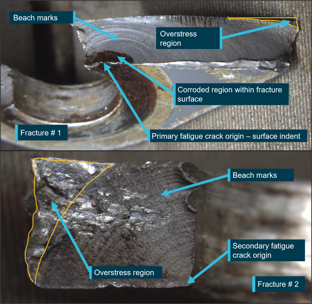 Separated yoke tip with fracture features identified