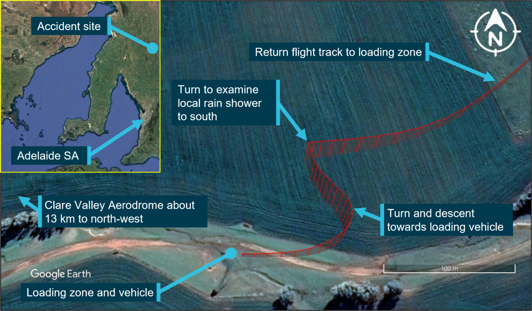 VH-HOB flight path showing return to loading zone and descent and inset providing accident location