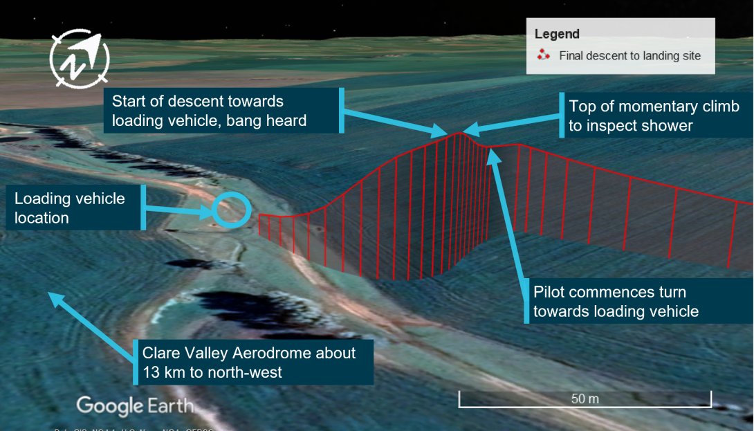 VH-HOB flight path showing landing approach with momentary climb and descent towards ground vehicle