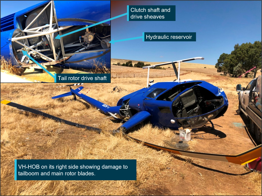 VH-HOB following the collision with inset showing clutch shaft with upper drive sheaves and displaced hydraulic reservoir