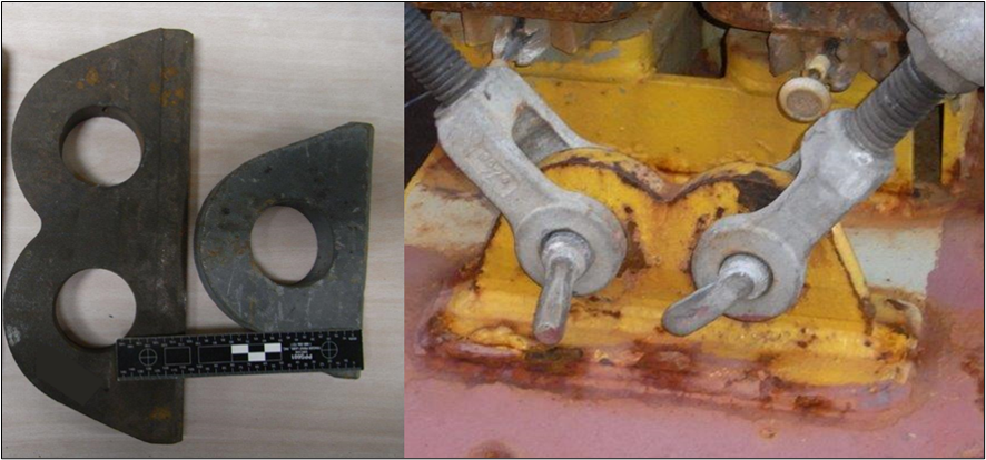 Figure 4: Lashing plates (eyes), spare and as recently fitted to APL England