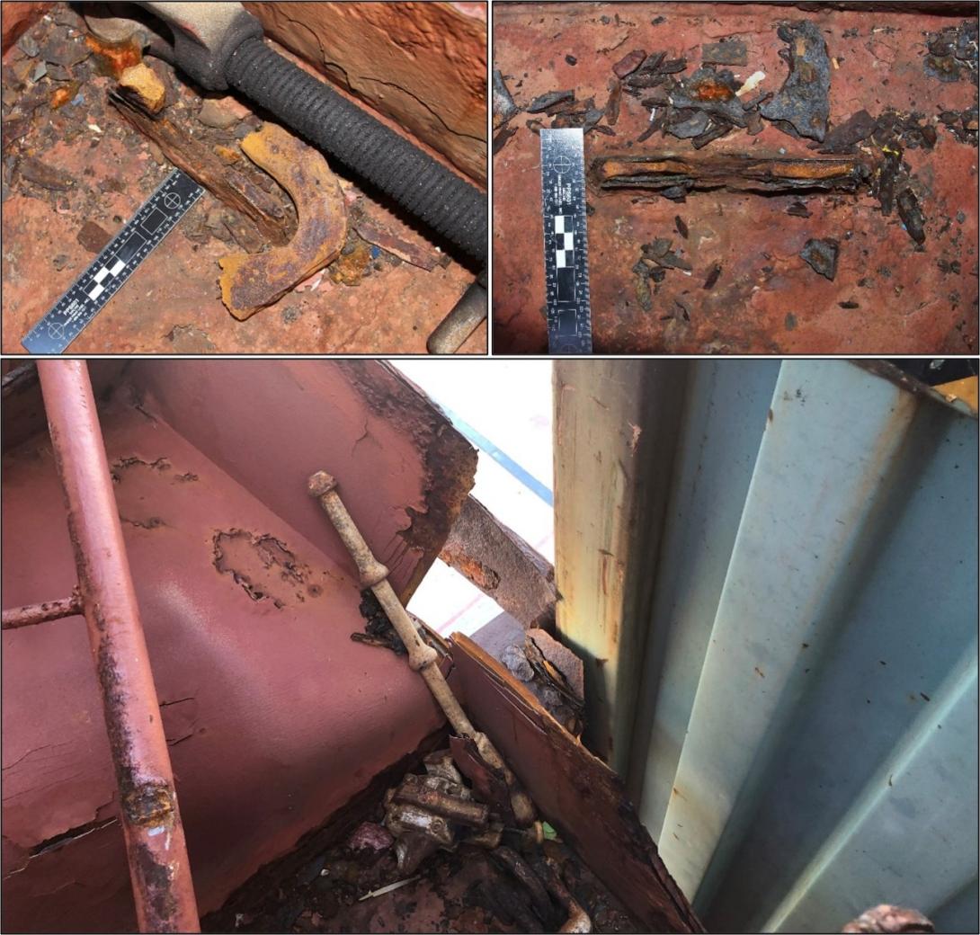 Figure 8: Thinned, heavily wasted and failed lashing eyes (top) and wasted and failed container support structure (bottom) from bay 62