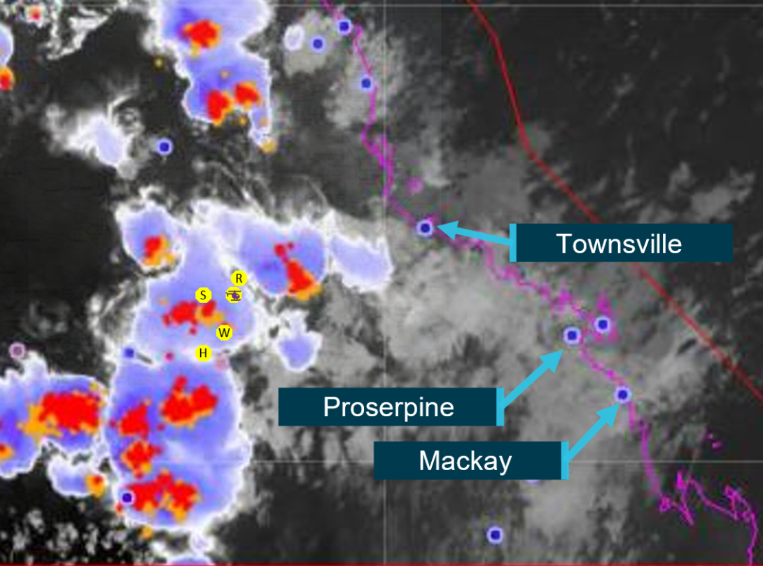 Figure 9: Satellite Infrared imagery[12] at 1830 showing extent of clouds and storms in the area visited by VH-HKC