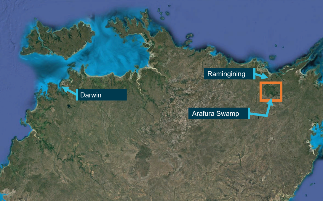 Map showing location of Ramingining and accident site of VH-LOS