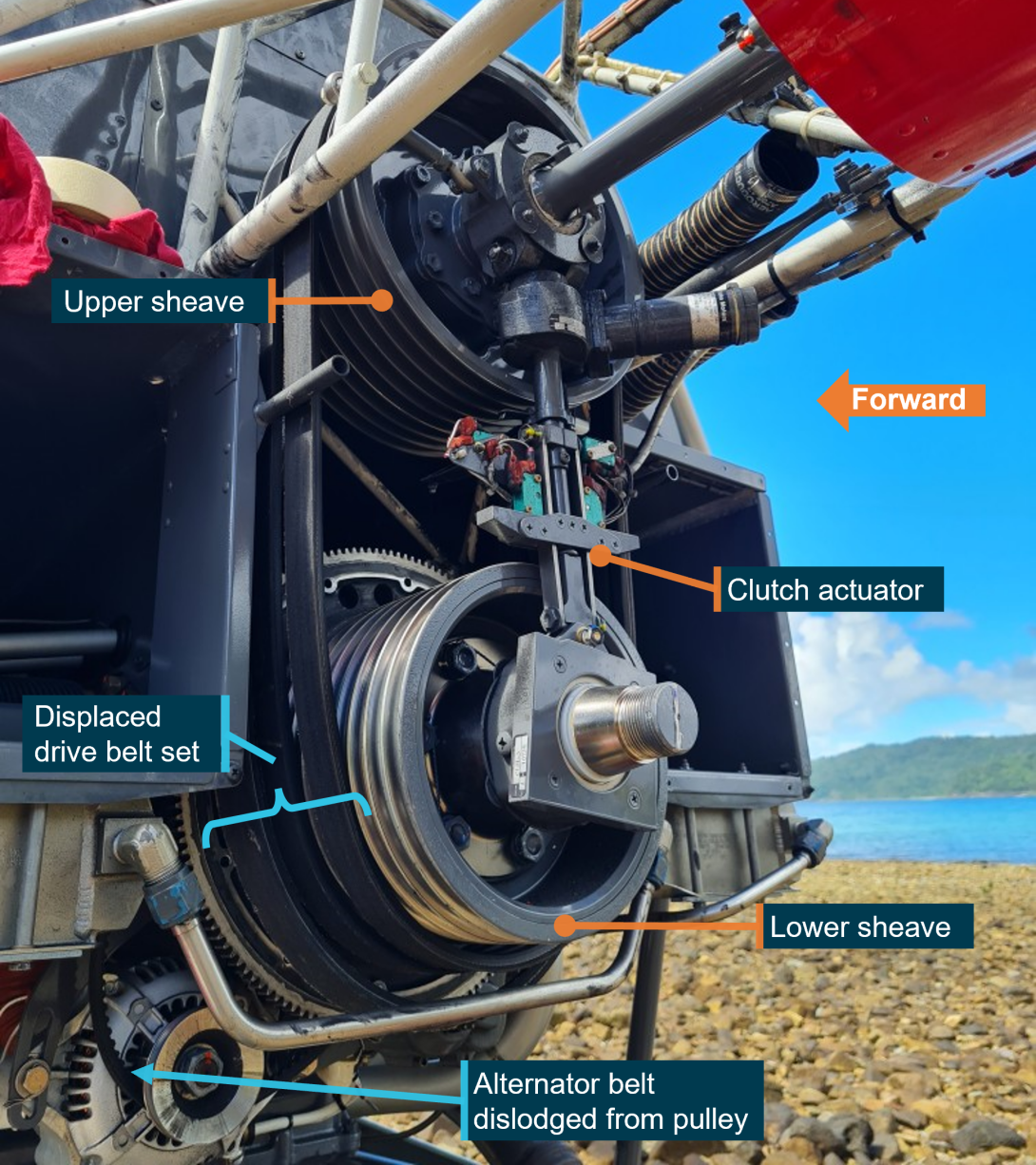 Figure 2: Drive system of VH-SXC showing the rear two drive belts remaining on the upper and lower sheaves