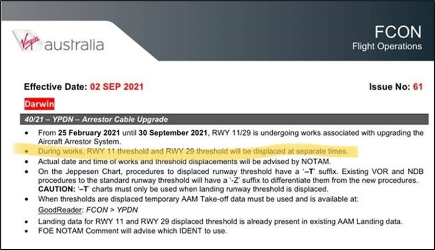 Figure 4: Flight Crew Operational Notice used by VH-YIS on the 3 September 2022