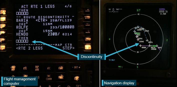 Figure 7: Flight management computer (left) and navigation display (right) showing the discontinuity