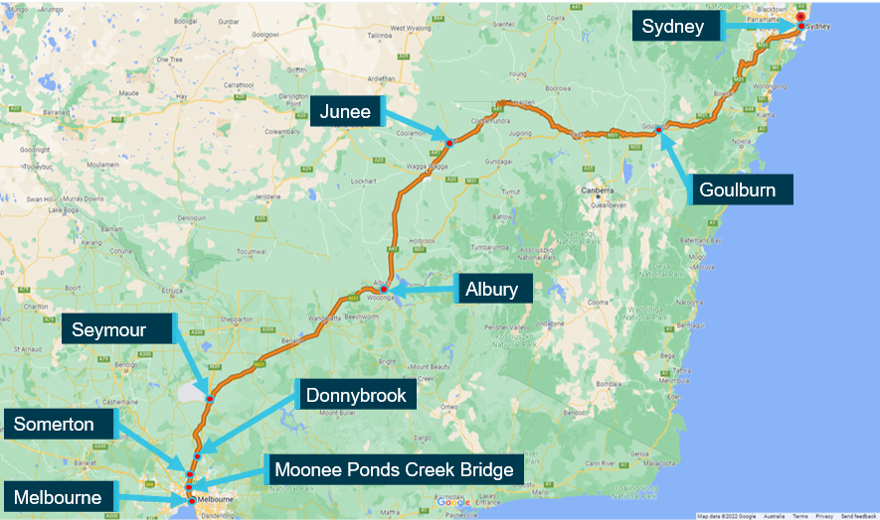 Figure 1: Standard gauge rail route from Sydney to Melbourne