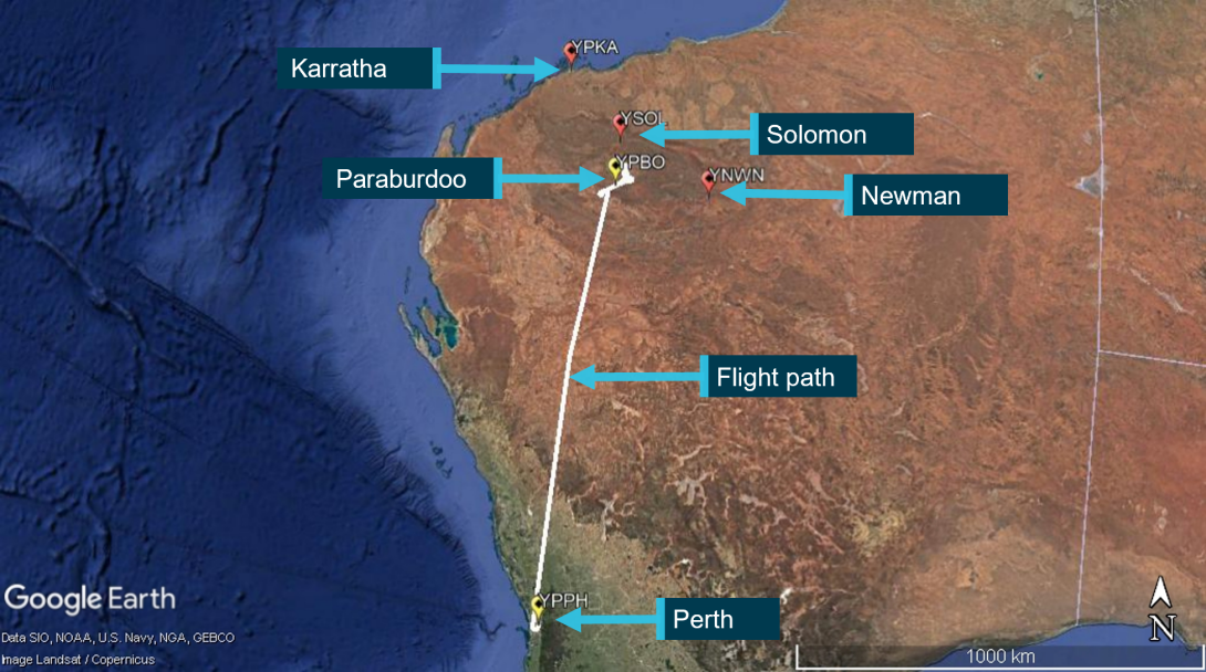 Figure 1: Incident flight path from Perth to Paraburdoo