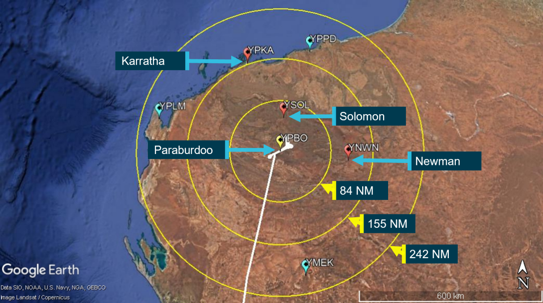 Figure 5: Approximate nil wind diversion range from each missed approach