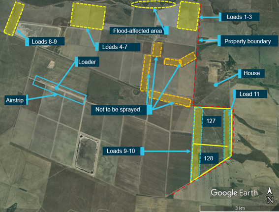 Figure 2: Operating area including target spray blocks, location of airstrip, property boundary and neighbouring house