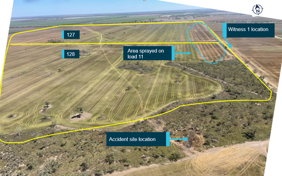 Figure 5: Aerial photo of target spray area taken 10 December 2021, showing accident site and witness location