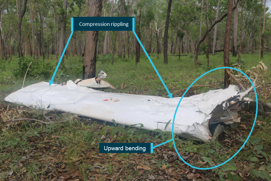 Figure 5: Separated right wing assembly showing damage associated with significant upward bending forces