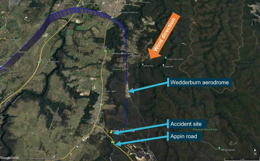 Figure 2: ADS-B Exchange flight data showing the landing and go-around at Wedderburn Airport and the location of the collision with terrain. Also shown is the approximate direction of wind based on Bureau of Meteorology reports and CCTV footage.
