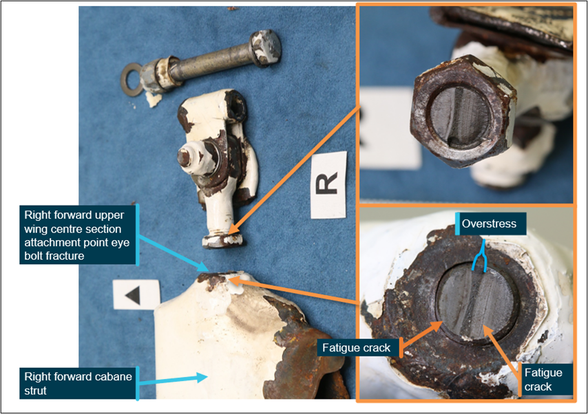 Figure A2: Right cabane strut forward upper wing attachment eye bolt showing evidence of significant fatigue cracking through the threaded portion (Detail A from Figure A1)