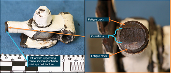 Figure A3: Left cabane strut forward upper wing attachment eye bolt showing evidence of fatigue cracking through the threaded portion