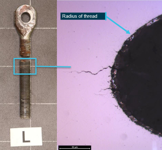 Figure A4: The fractured left eye bolt and a corresponding metallurgical cross-section that shows additional microcracking had developed within the threads of the bolt shank