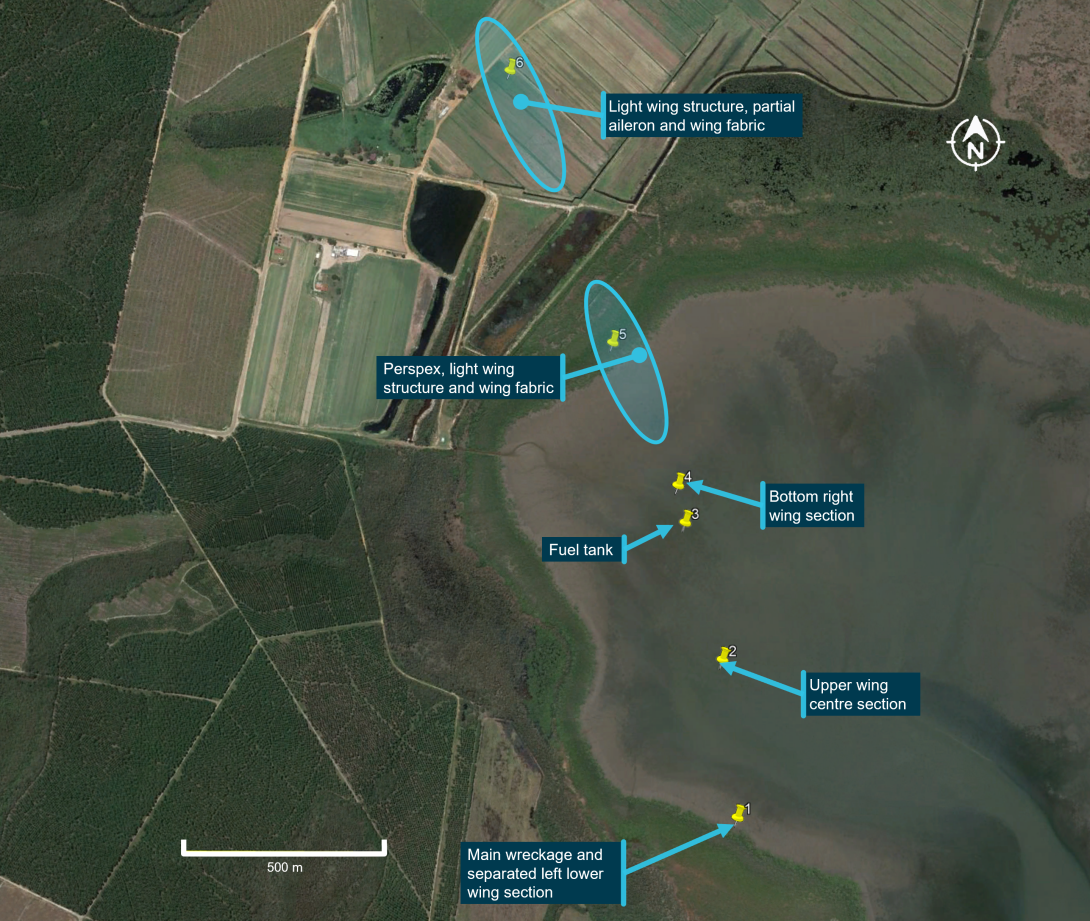Figure 5: Wreckage trail distribution over mud flats and farmland